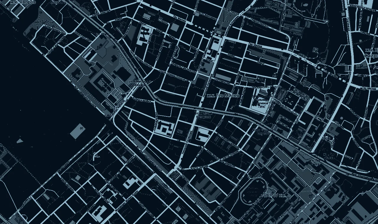 Street map of the Geo Milev district of Sofia, with the SLS office marked on Shipchenski Prohod Boulevard